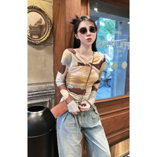 Áo Loang Tơ Lưới Hoạ Tiết Xoắn Ngực Dài Tay Áo Kiểu Nữ 2 Lớp Chun Rúm Hông Ôm Body Sexy