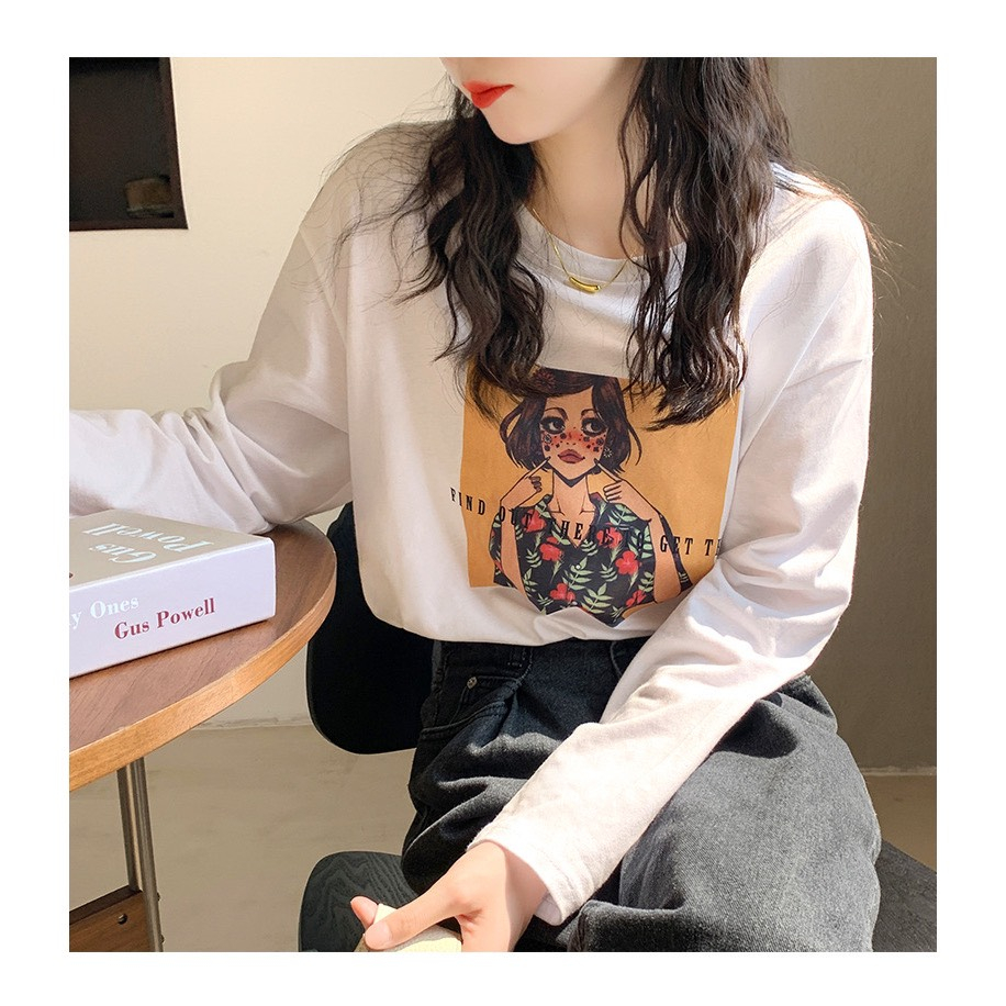 Áo thun tay dài cổ tròn nữ In hình dể thương JULY,Áo thun dáng rộng chất xược cotton, thun giấy