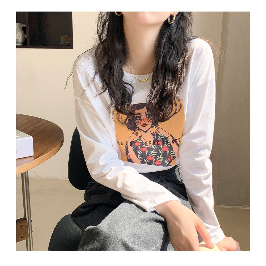 Áo thun tay dài cổ tròn nữ In hình dể thương JULY,Áo thun dáng rộng chất xược cotton, thun giấy