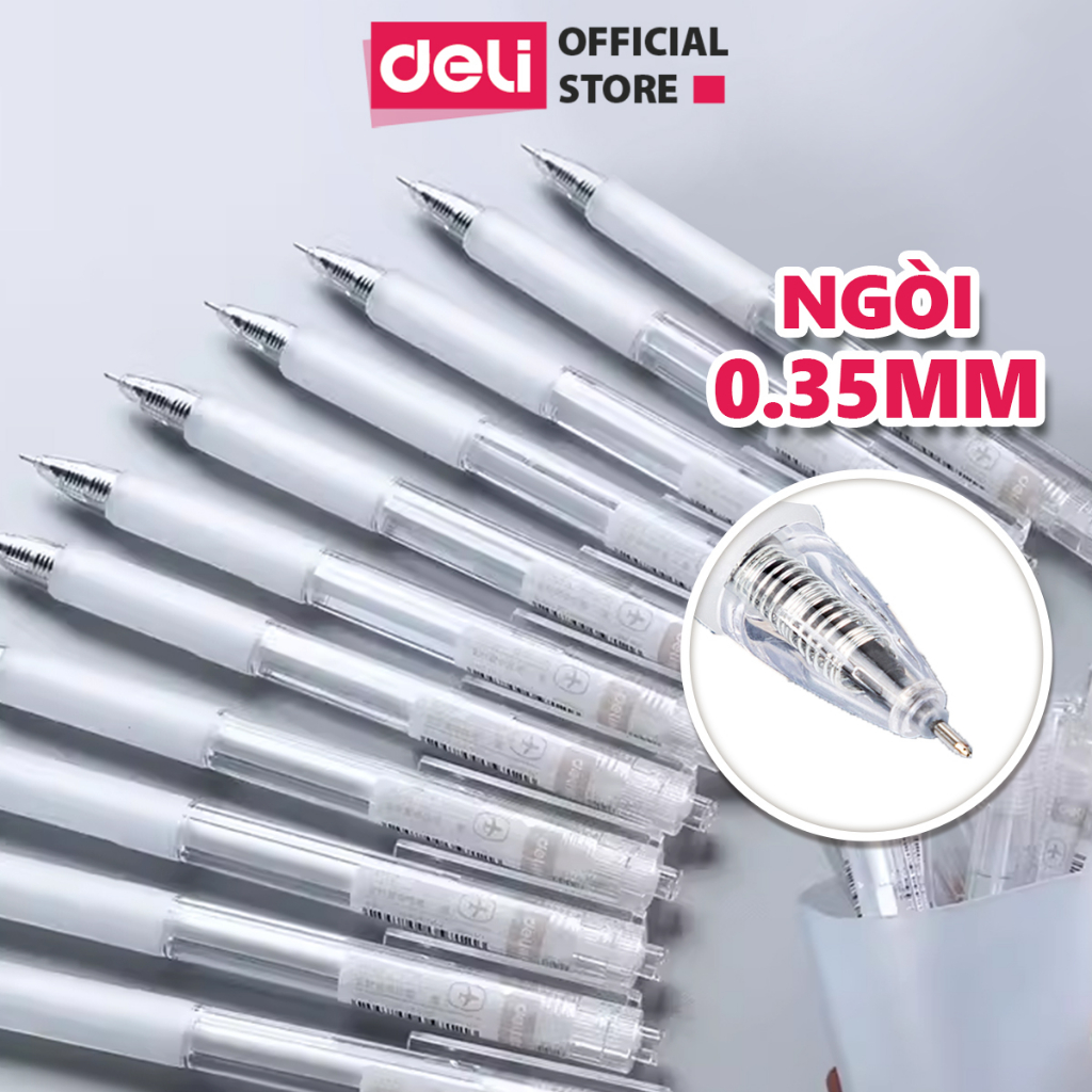 Bút bi nước bút gel bút mực bấm văn phòng Deli mực đen ngòi 0.35mm học sinh mực đều có ruột thay