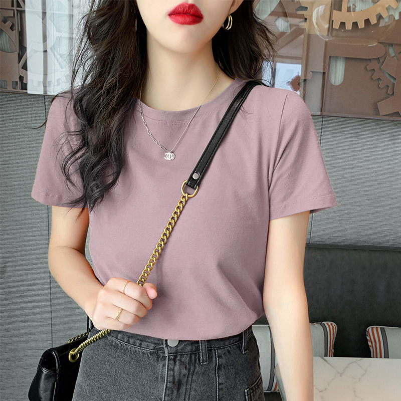 LAS001 Áo thun ngắn tay nữ cotton màu trơn phong cách Hàn Quốc, trẻ trung thanh lịch