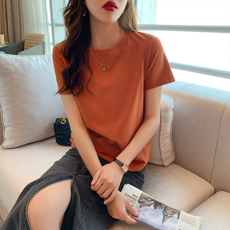 LAS001 Áo thun ngắn tay nữ cotton màu trơn phong cách Hàn Quốc, trẻ trung thanh lịch