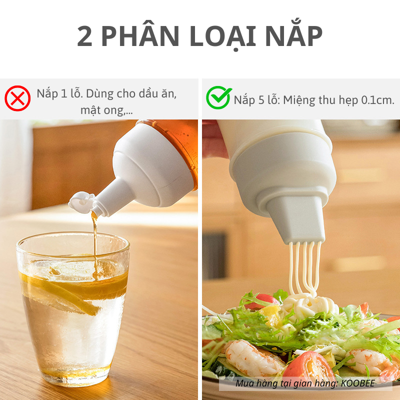 Bình Bóp Nhựa 5 Lỗ Đựng Nước Sốt, Dầu Ăn, Siro, Sữa Đặc, Sốt Mayonnaise – Dung Tích 350ml | KOOBEE NB85