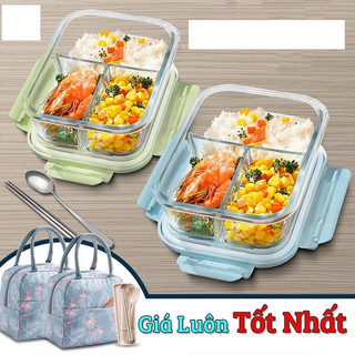 Hộp đựng cơm văn phòng bằng thủy tinh 1000ml 3 ngăn chống tràn dùng cho lò vi sóng