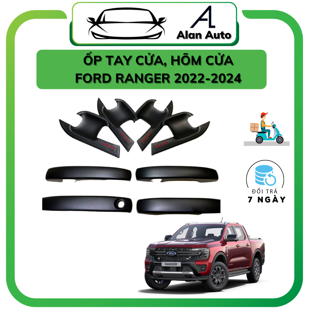 Ốp tay nắm cửa, hõm cửa ô tô Ford Ranger 2022-2023, Chất liệu nhựa Đen ABS cao cấp
