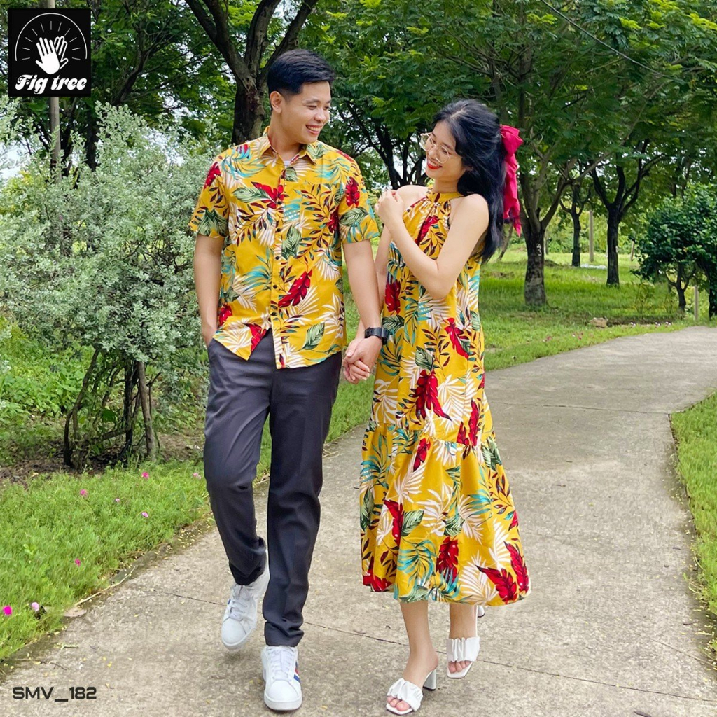 Sơ Mi Váy Đôi FIG TREE Họa Tiết Chiếc Lá Vàng Rực Rỡ Du Lịch (ms 182)