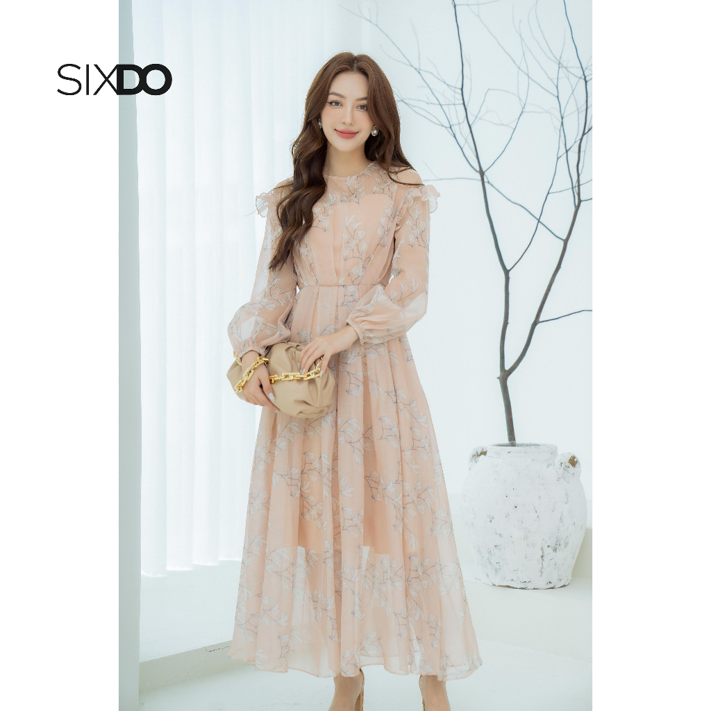 Đầm voan hoa midi dài tày phối bèo thời trang SIXDO Beige Floral Midi Voile Dress