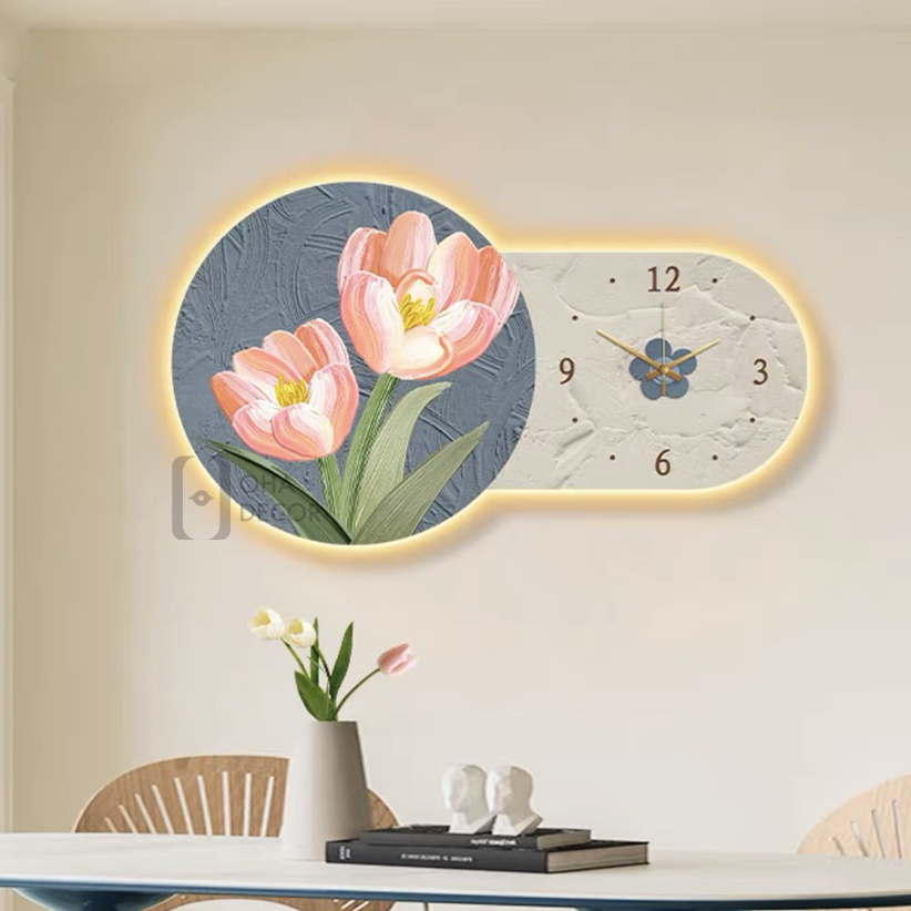 Tranh 3D LED Đồng Hồ Hoa Xinh Trang Trí Phòng Khách, Quán Cà Phê Hiện Đại Xưởng Giá Rẻ