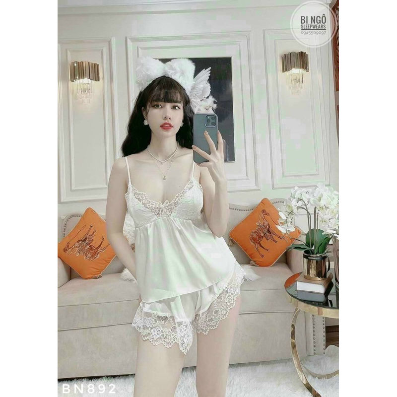 Bộ ngủ lụa 2 dây ren ngực phối nơ Bộ mặc nhà sexy quyến rũ