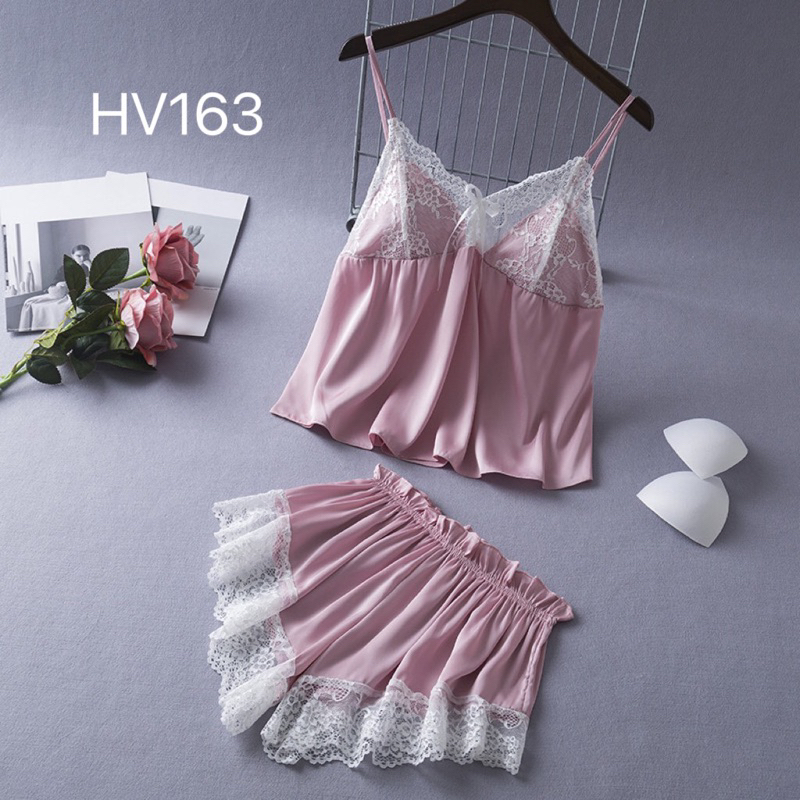 Bộ ngủ lụa 2 dây ren ngực phối nơ Bộ mặc nhà sexy quyến rũ