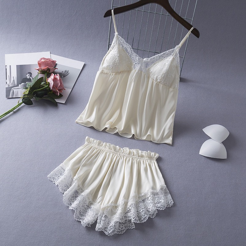 Bộ ngủ lụa 2 dây ren ngực phối nơ Bộ mặc nhà sexy quyến rũ