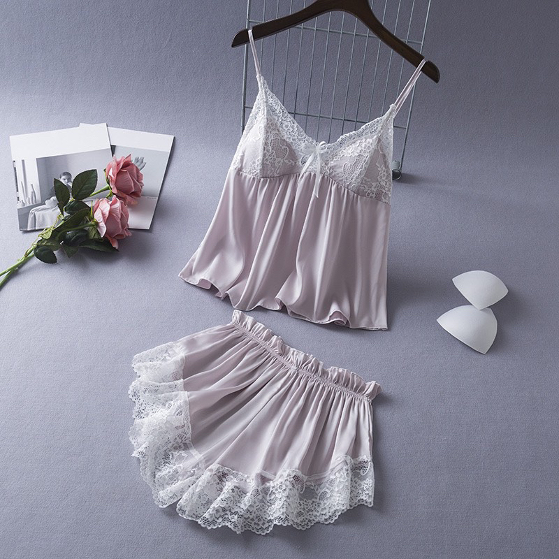 Bộ ngủ lụa 2 dây ren ngực phối nơ Bộ mặc nhà sexy quyến rũ