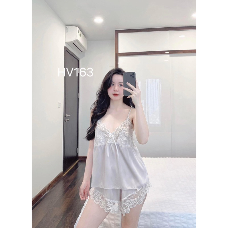Bộ ngủ lụa 2 dây ren ngực phối nơ Bộ mặc nhà sexy quyến rũ
