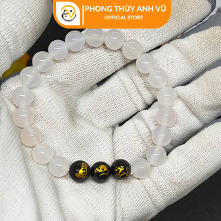 Vòng tay mã não trắng thân tý thìn - hợp mệnh thủy, kim - khai quang điểm nhãn - may mắn tài lộc