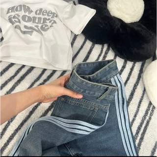 Quần jeans nữ ống suông phối 3 sọc cao cấp - QJ
