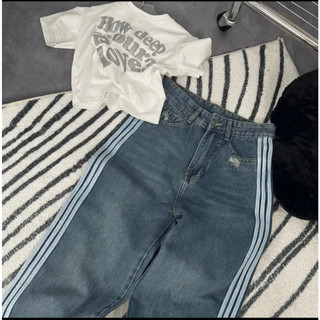 Quần jeans nữ ống suông phối 3 sọc cao cấp - QJ