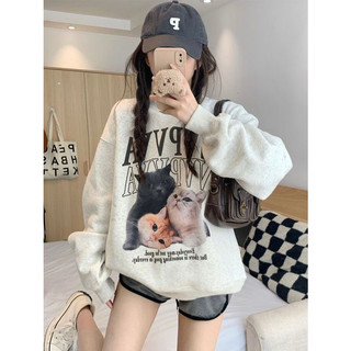 Áo sweater XINLANYASHE dáng rộng in hình mèo kiểu Hàn Quốc xinh xắn cho nữ ASW
