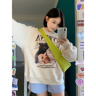 Áo sweater XINLANYASHE dáng rộng in hình mèo kiểu Hàn Quốc xinh xắn cho nữ ASW