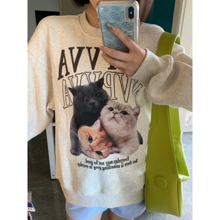 Áo sweater XINLANYASHE dáng rộng in hình mèo kiểu Hàn Quốc xinh xắn cho nữ ASW