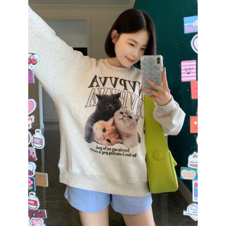 Áo sweater XINLANYASHE dáng rộng in hình mèo kiểu Hàn Quốc xinh xắn cho nữ ASW