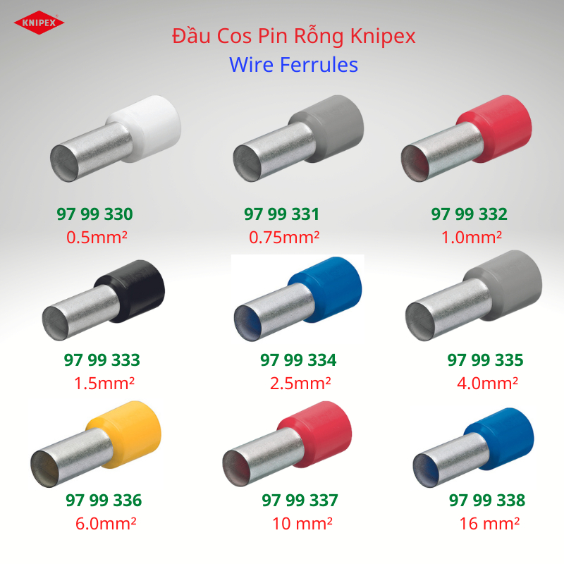 Đầu Bấm Cos Pin Rỗng Knipex 0.5 - 16mm² 97 99 330/ 331/ 332/ 333/ 334 ...