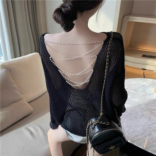 Áo len lưới cổ tròn xích ngọc đan hở lưng siêu phẩm mùa thu 415