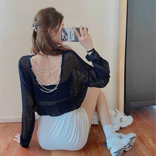 Áo len lưới cổ tròn xích ngọc đan hở lưng siêu phẩm mùa thu 415