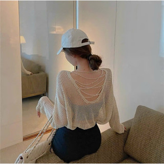 Áo len lưới cổ tròn xích ngọc đan hở lưng siêu phẩm mùa thu 415