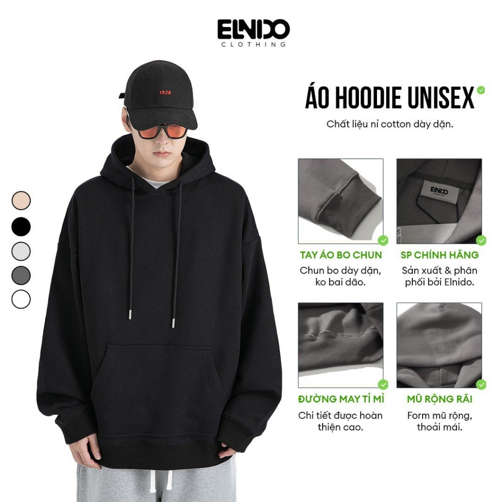 Áo Hoodie Premium Unisex ELNIDO dài tay chất nỉ Nam Nữ cao cấp phong cách Ulzzang ED09
