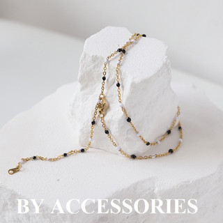 Dây chuyền choker titan xích cong mảnh mạ vàng 18K không gỉ phối hạt tròn sơn dầu màu sắc WN2342