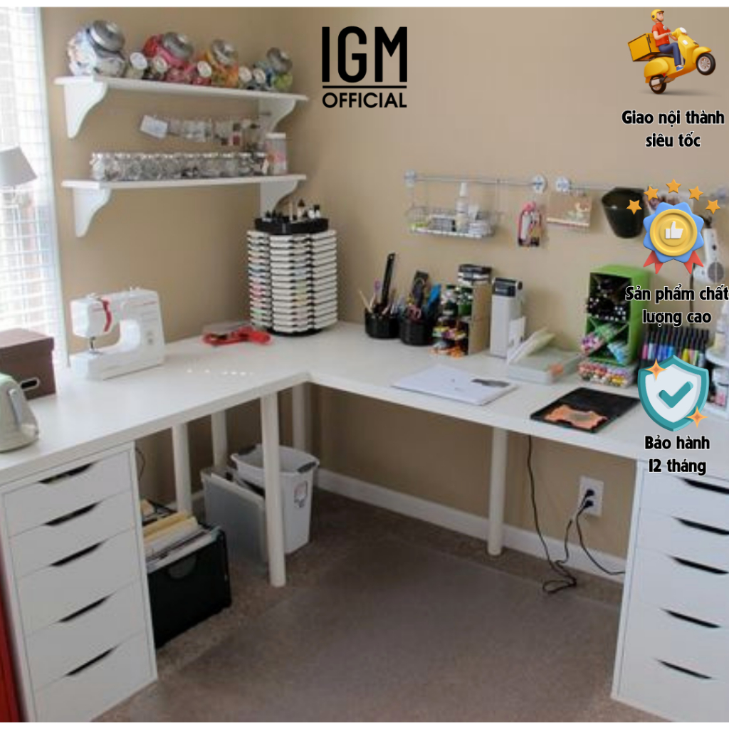 ( Có Thiết Kế Riêng) Bàn Làm Việc IGM Chữ L 2 tủ Chất Liệu Gỗ MDF Phủ Melamine Cao Cấp Phong Cách Hiện Đại