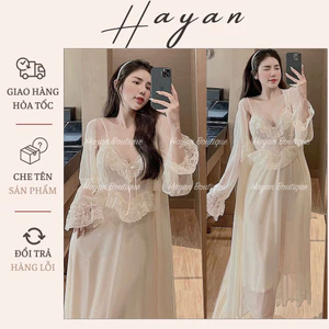 HT822 Set váy và áo choàng ngủ dáng dài tiểu thư ren bèo sang chảnh dáng xoè tôn dáng HT822