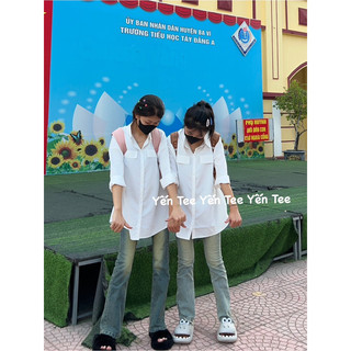 Áo sơ mi 2 túi dài tay from rộng chất mát Yến Tee , mặc đi học , đi chơi , thiết kế dáng rộng dễ phối đồ