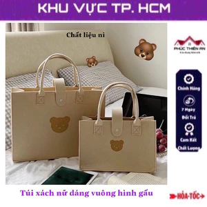 Túi xách nữ dáng vuông, chất liệu nỉ, họa tiết hình gấu siêu dễ thương