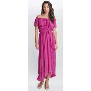 Váy Họa Tiết Paisley Màu Hồng Lệch Vai Có Dây Thắt Eo Tôn Dáng R&M richards, vnxk, xuất dư, sang xịn