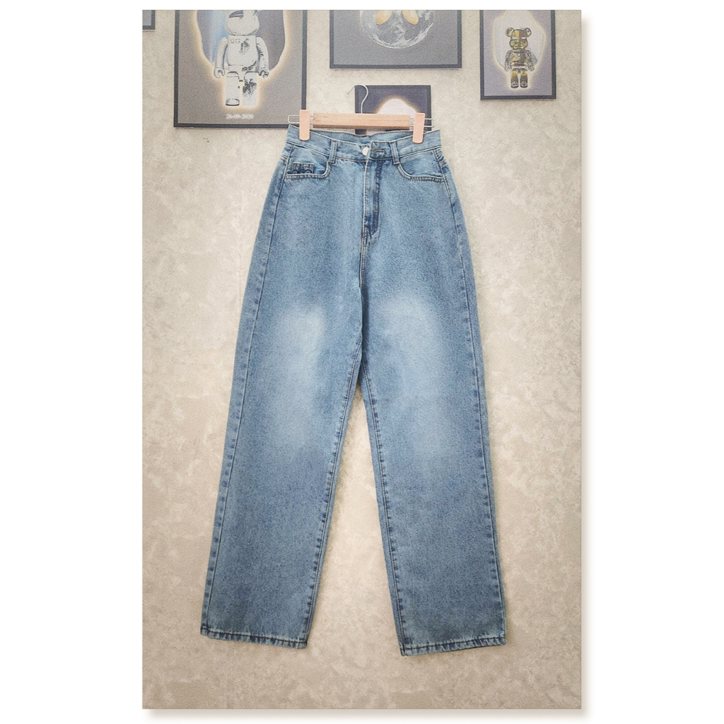 Quần baggy jean nữ JohnsonLi lưng cao, dáng rộng , ống suông, kết hợp nắp túi đai, 2 màu spe