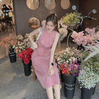 Đầm nữ thời trang mặc đi chơi mát mẻ chất xốp caro cổ tròn sát nách váy maxi dáng suông kèm đai dây thắt eo