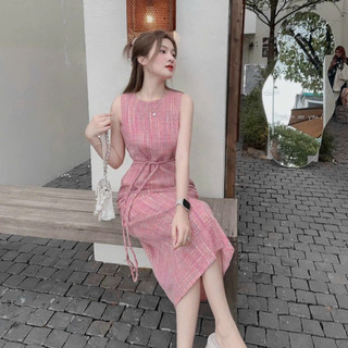 Đầm nữ thời trang mặc đi chơi mát mẻ chất xốp caro cổ tròn sát nách váy maxi dáng suông kèm đai dây thắt eo