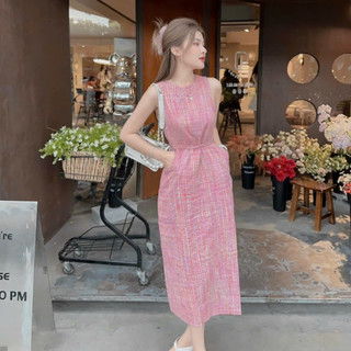 Đầm nữ thời trang mặc đi chơi mát mẻ chất xốp caro cổ tròn sát nách váy maxi dáng suông kèm đai dây thắt eo