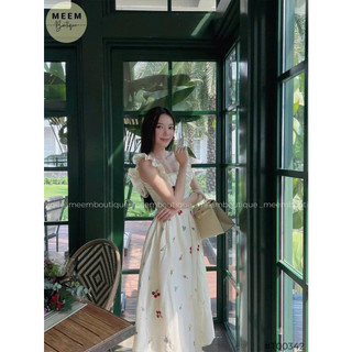 Đầm maxi bánh bèo mặc đi chơi chất lụa ý in hoa cổ vuông hai dây cánh tiên có mút váy maxi dáng xoè tiểu thư