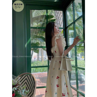 Đầm maxi bánh bèo mặc đi chơi chất lụa ý in hoa cổ vuông hai dây cánh tiên có mút váy maxi dáng xoè tiểu thư