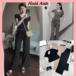 Set Bộ Đồ Nữ Tăm Thêu Wang Áo Croptop Ngắn Tay Cúc Ngực Mix Quần Suông Dài Ống Rộng Freesize