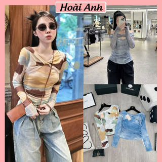 Áo Loang Tơ Lưới Hoạ Tiết Xoắn Ngực Dài Tay Áo Kiểu Nữ 2 Lớp Chun Rúm Hông Ôm Body Sexy