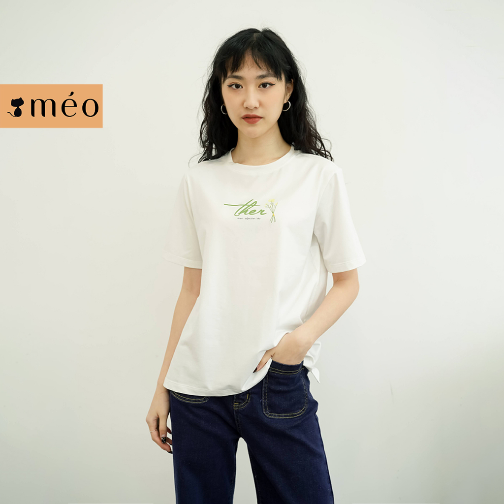 Áo thun tay lỡ Méo shop phông nữ cổ tròn cotton in chữ Ther freesize form rộng