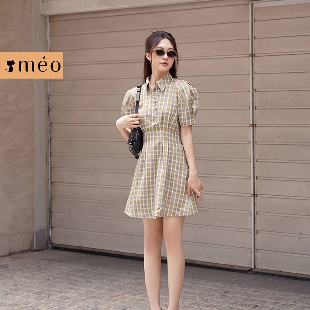 Váy liền nữ Méo shop kiểu Hàn ngắn tay bồng hoạ tiết kẻ công sở dáng xòe Sudary