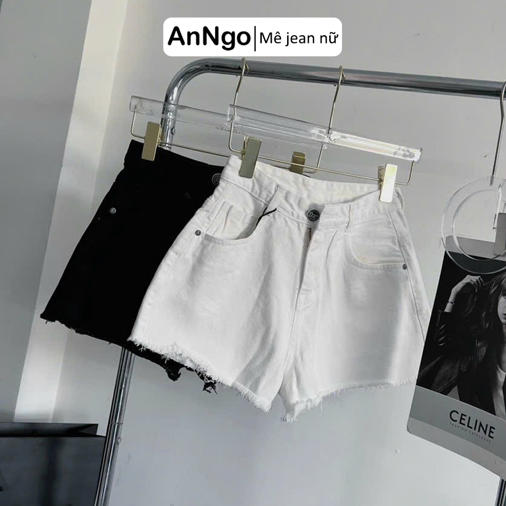 Quần short jean nữ lưng cao ống rộng đen trắng phối đồ cực sang Anngo - AT341