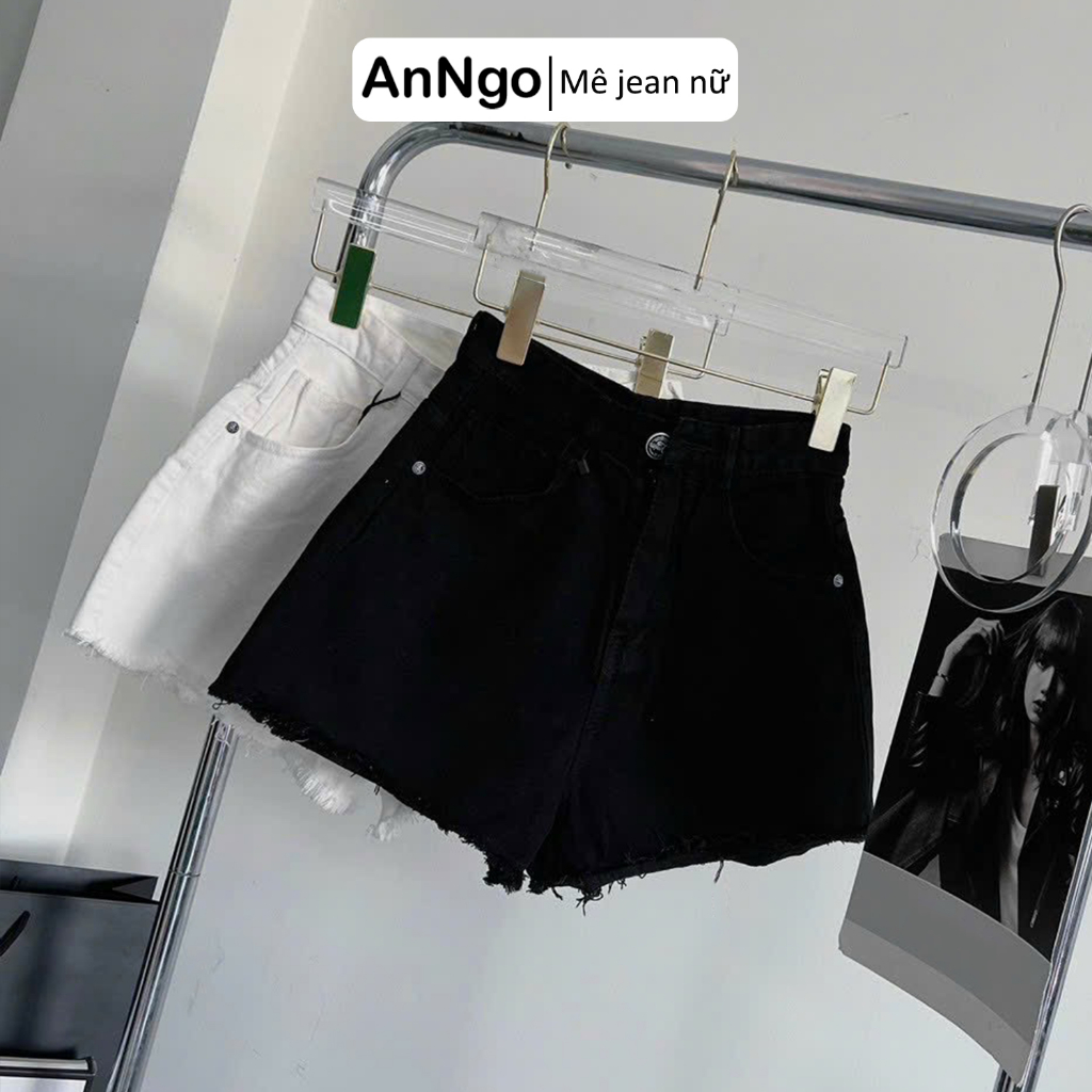 Quần short jean nữ lưng cao ống rộng đen trắng phối đồ cực sang Anngo - AT341
