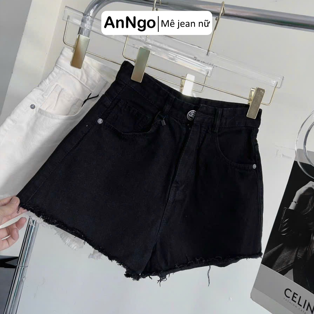 Quần short jean nữ lưng cao ống rộng đen trắng phối đồ cực sang Anngo - AT341