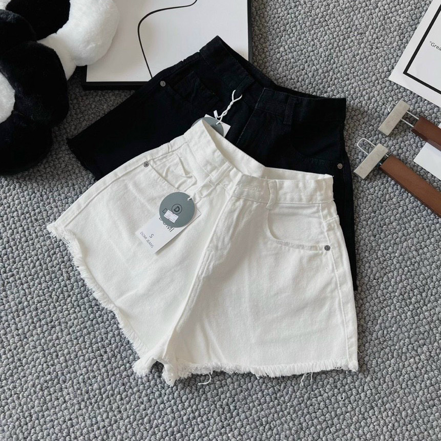 Quần short jean nữ lưng cao ống rộng đen trắng phối đồ cực sang Anngo - AT341