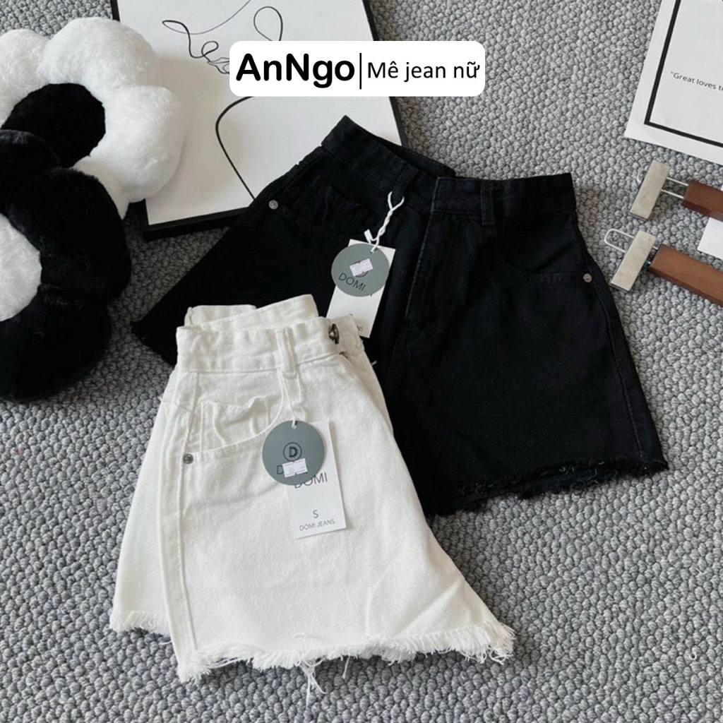 Quần short jean nữ lưng cao ống rộng đen trắng phối đồ cực sang Anngo - AT341